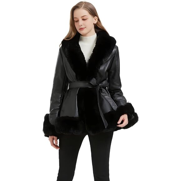 Women's Black Gran Oriente Faux Leather Winter Coat Fur Collar and Belted Design - Picture 2 of 5